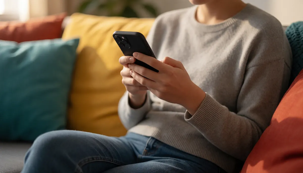 Person typing on a phone on a sofa