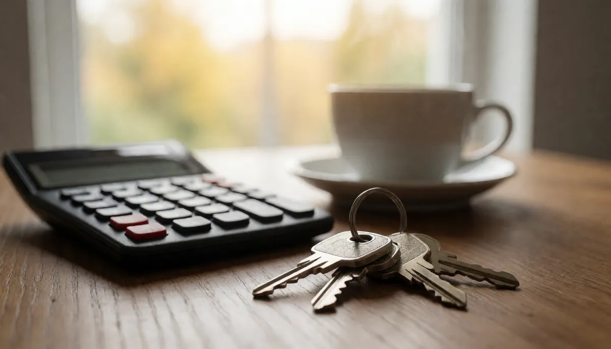 House keys beside a calculator on a table
