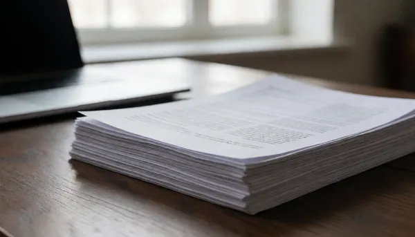 Stack of printed documents beside a laptop